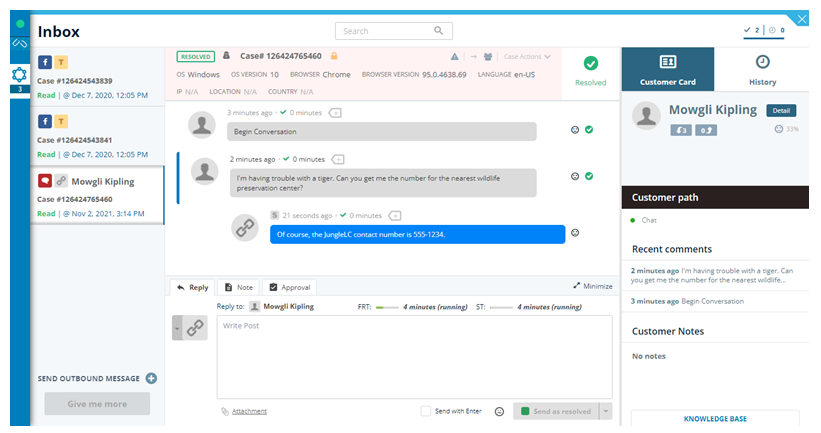A caixa de entrada digital do MAX, mostrando o cabeçalho do espaço de trabalho, detalhes do caso ativo, opções de tratamento do caso, guia de cliente/histórico e base de conhecimento.