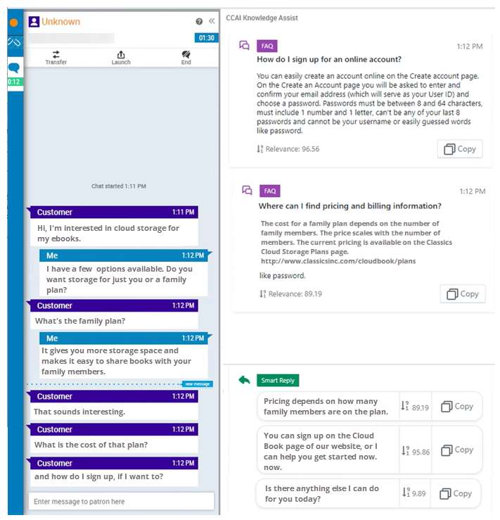 O CCAI exibe sugestões do Smart Reply no painel de assistência a agentes no MAX, com uma pontuação de confiança para cada uma.