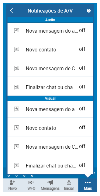 As opções disponíveis para configurar notificações de áudio e visuais no MAX.