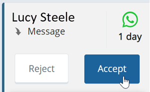 Uma mensagem de entrada do WhatsApp Agent, com o nome do contato, o ícone do WhatsApp, e os botões Rejeitar e Aceitar.