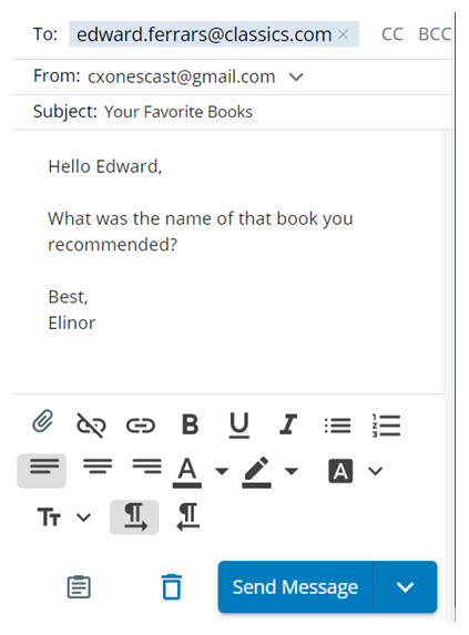 Um rascunho de e-mail. Inclui linhas Para, De e Assunto, CC e Cco, uma caixa de texto, opções de editor de texto e um botão de envio.