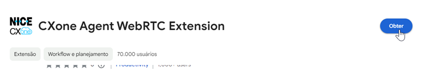 O Agent WebRTC Extension no Chrome Web Store. O cursor passa por Obter.