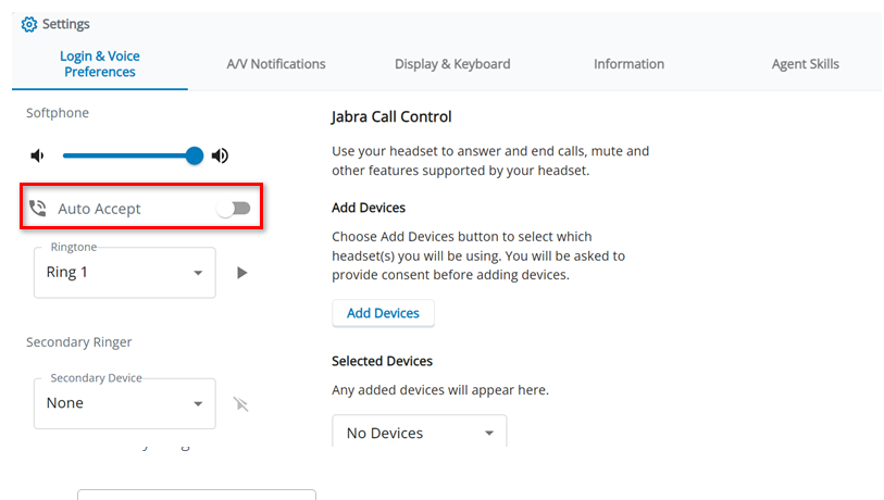 Auto Aceitar está na seção Softphone na guia Preferências de login e voz em Configurações.