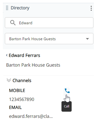 Um nome é procurado. O nome do contato aparece. Na lista suspensa Canais, o número de telefone dele aparece. O cursor passa pelo ícone de um telefone.