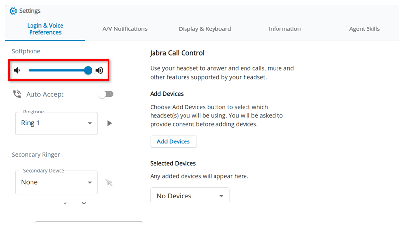 O ajuste de volume está na seção Softphone na guia Preferências de login e voz em Configurações.
