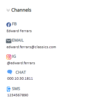 A seção Canais é expandida, mostrando as informações do contato para Facebook, E-mail, Instagram, Chat e SMS.