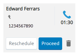 Um compromisso no menu de interações, mostrando o nome do contato, botões para Reprogramar e Continuar e um ícone de lixeira para Remover.