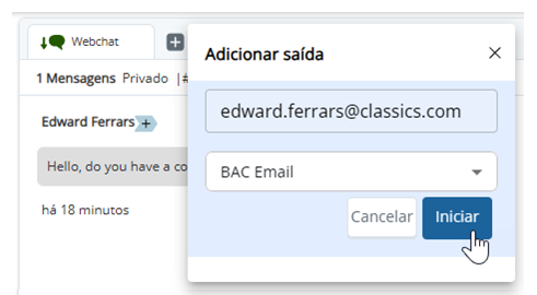 Adicionar saída foi clicado. No pop-up exibido, o agente inseriu um e-mail e selecionou uma competência.