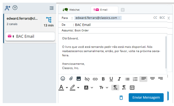 Uma nova guia para o e-mail de saída aparece no espaço de interação.