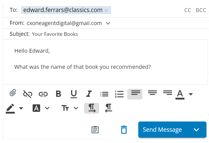 Um rascunho de e-mail. Inclui linhas Para, De e Assunto, CC e Cco, uma caixa de texto, opções de editor de texto e um botão de envio.