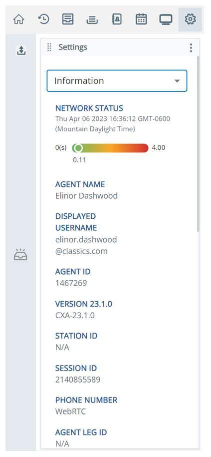 A página Informação em Configurações, mostrando uma barra de status da rede e informações da sua conta e do sistema.