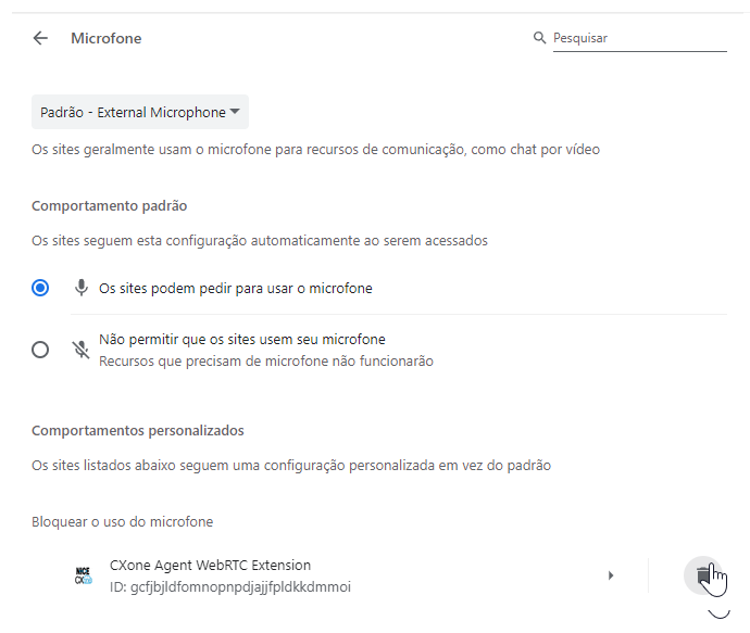 O Agent WebRTC Extension está listado em Não autorizado a usar seu microfone. O cursor passa pelo ícone Remover de uma lixeira.