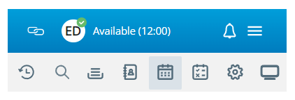 Uma barra azul com ícones para Parte do agente, Barra de status, Notificações e Mais. Abaixo disso, há um menu com ícones para Histórico de contatos, Pesquisa, Fila, Diretório, Agenda, entre outros.