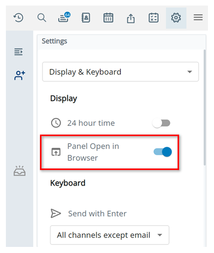 A página Vídeo e teclado em Configurações. A configuração Painel aberto no navegador é a segunda de cima para baixo.