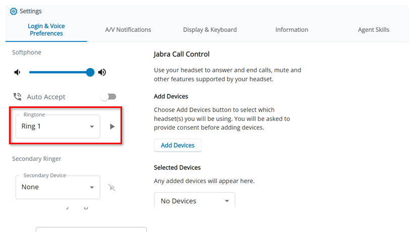 A configuração Toque está na seção Softphone na guia Preferências de login e voz em Configurações.