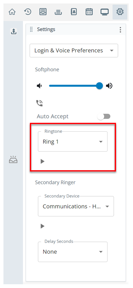 A configuração Toque está na seção Softphone na página Preferências de login e voz em Configurações.
