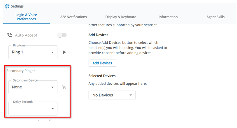A configuração Campainha Secundária está na seção Softphone na guia Preferências de login e voz.