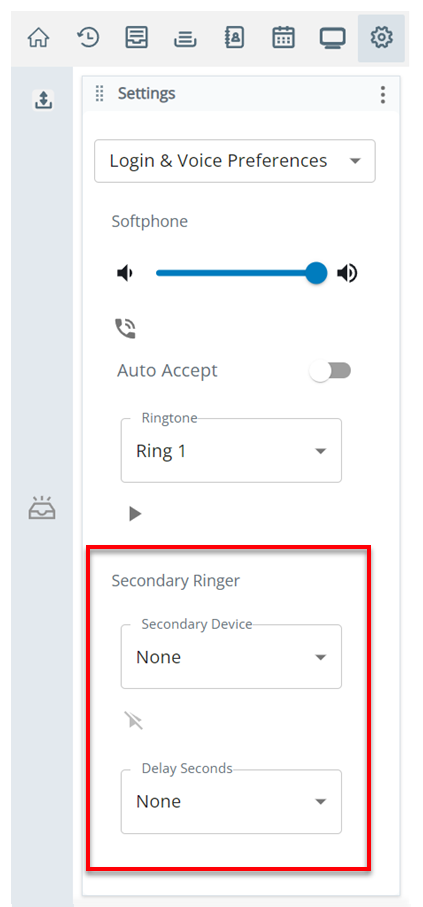 A configuração Campainha Secundária está na seção Softphone na página Preferências de login e voz.