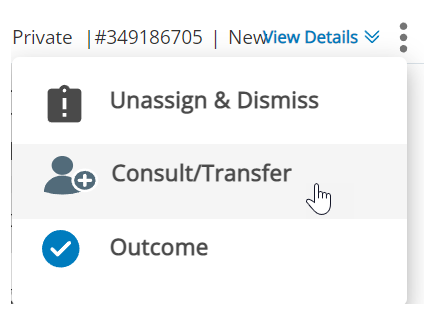 O outro ícone, três pontos verticais, é clicado, e o cursor passa sobre Consultar/Transferir.