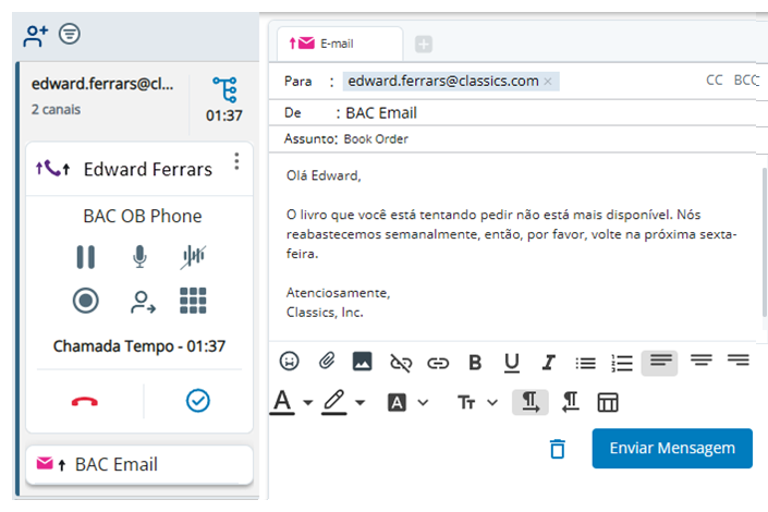Uma nova interação para o e-mail de saída aparece no menu de interações.