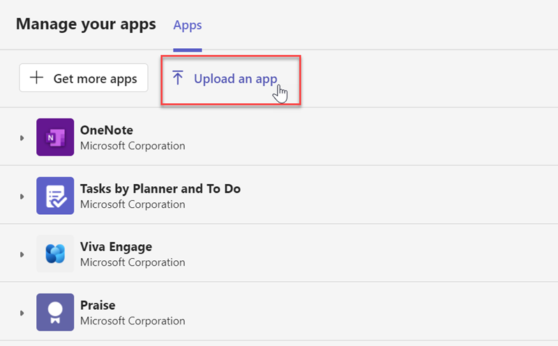 A página Gerenciar seus aplicativos do Microsoft Teams. O cursor passa pela opção Carregar um aplicativo.