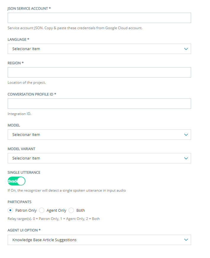 A página Configuração para adicionar um bot de assistência de agente Google Contact Center AI ao Agent Assist Hub.