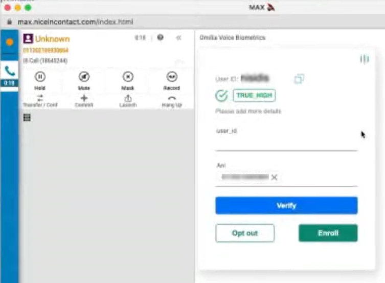 Um exemplo do Omilia no painel Assistente do agente no MAX, mostrando um resultado de 99% da verificação de voz ao vivo.