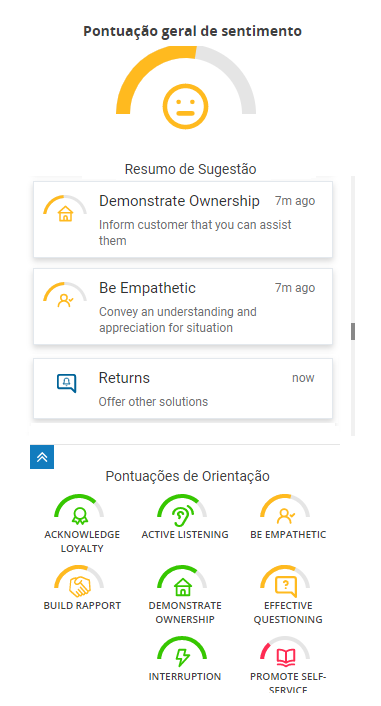 A janela Real-Time Interaction Guidance como aparece para os agentes. A pontuação geral do sentimento está no topo, o resumo da sugestão no meio e as pontuações de orientação.