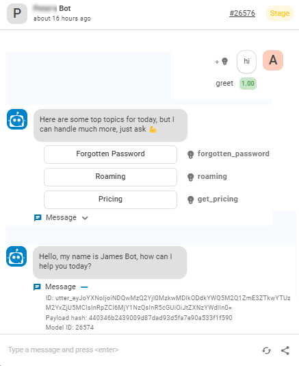 A janela de chat Fale com o seu bot no Bot Builder, mostrando mensagens de um usuário e as respostas do bot.