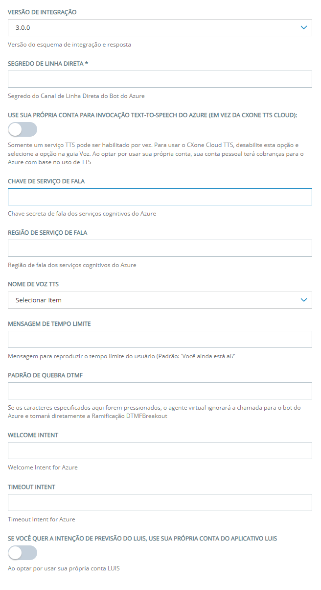 A página Configuração para adicionar um Microsoft Azure ao Virtual Agent Hub