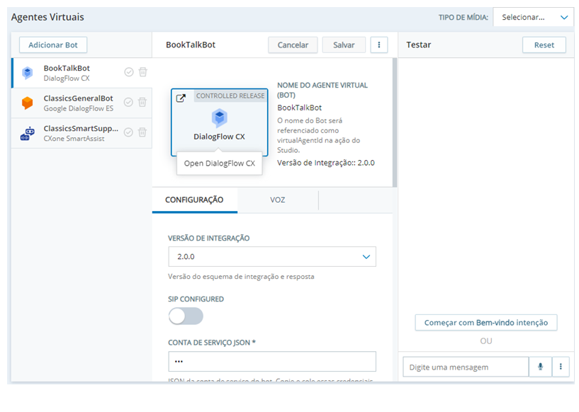 A página de propriedades de um bot no Virtual Agent Hub mostrando o painel Testar no lado direito da página.