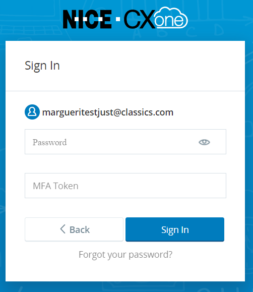 Tela de entrada de senha de funcionário em CXone Mpower campos específicos de MFA