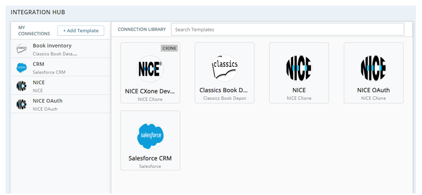 Integration Hub, mostrando a lista Minhas conexões à esquerda e a biblioteca de conexões à direita.