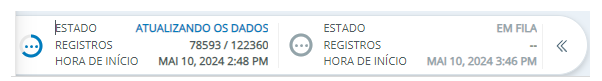 Painel Status do reprocesso. Mostra os registros que estão sendo atualizados, o status e a hora de início do reprocessamento.