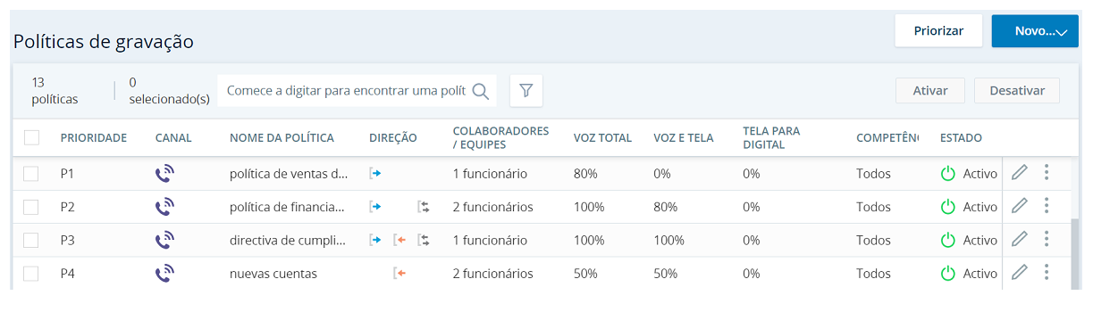Captura de tela de exemplos de políticas de gravação