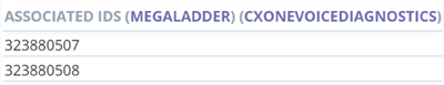A tabela IDs associados, mostrando os números de ID de contato associados. Também mostra opções clicáveis para Megaladder e CXone Mpower Voice Diagnostics.