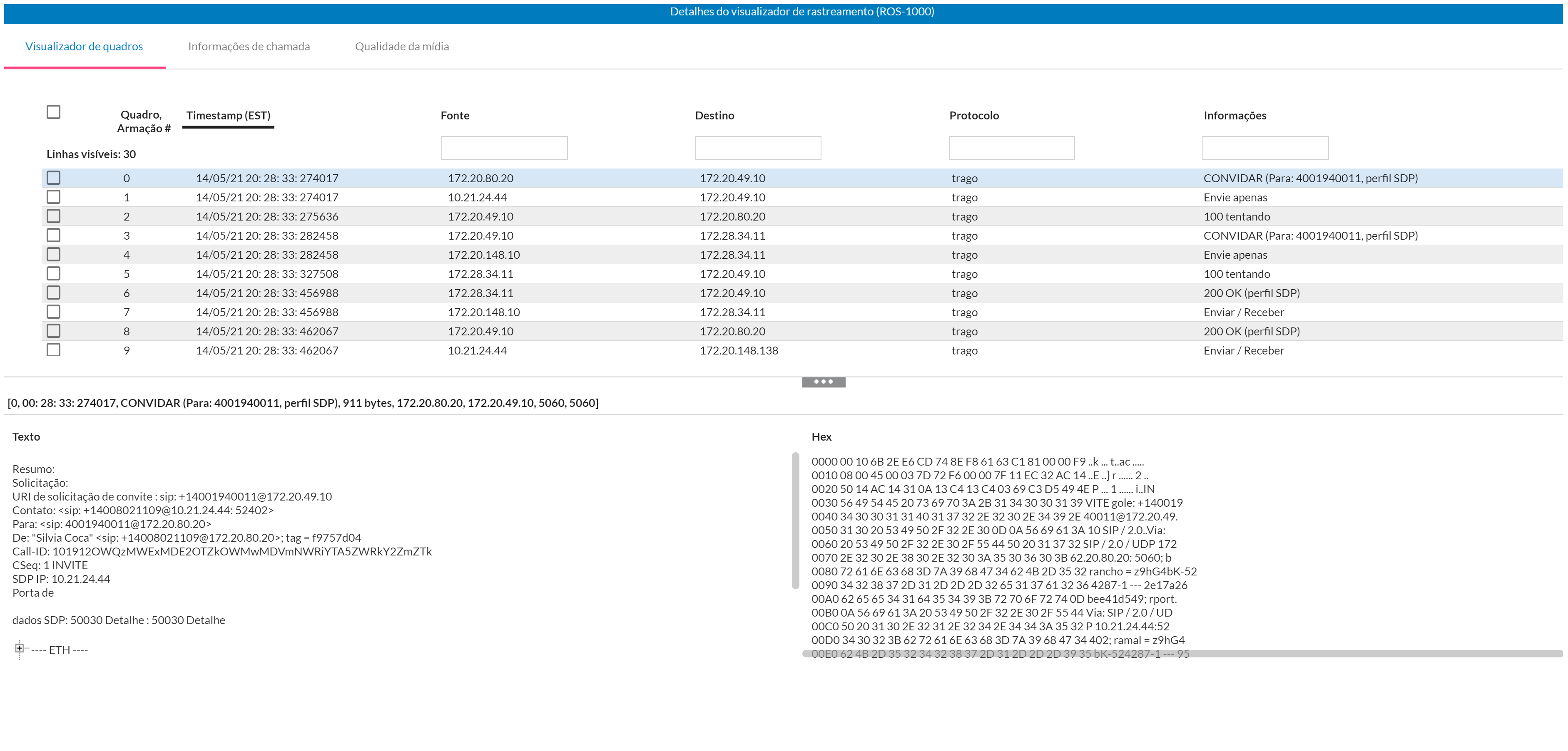 Captura de tela da guia Visualizador de quadros no CXone Mpower Voice Diagnostics
