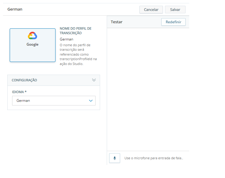 A página de propriedades para um perfil de transcrição, onde você pode alterar o idioma e testar o perfil.