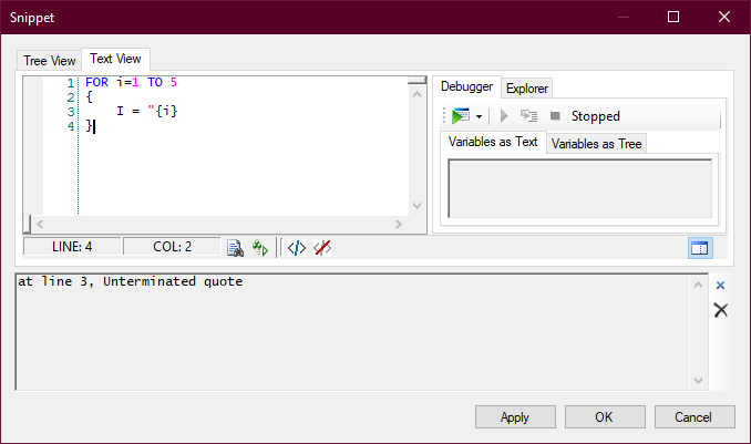 A janela do Editor snippet, mostrando o painel de erros na parte inferior da janela.