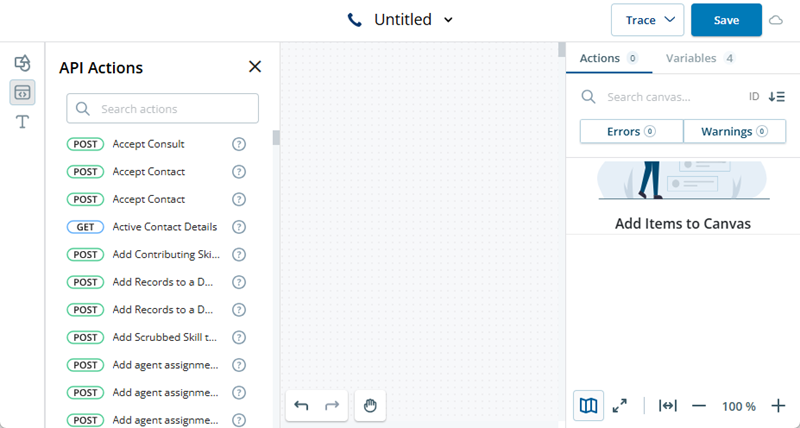 Uma tela de script em branco com a paleta de ações API aberta à esquerda.