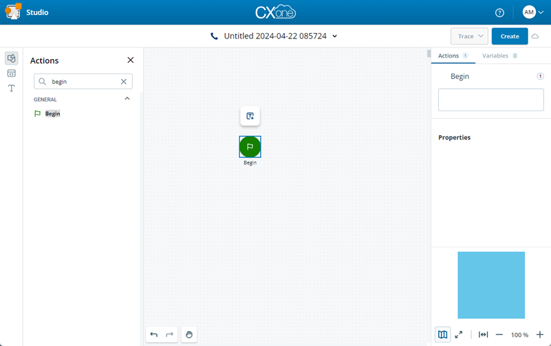 A tela do script com a paleta de Ações aberta e uma única ação, BEGIN, no espaço de trabalho. O script pode agora ser salvo.