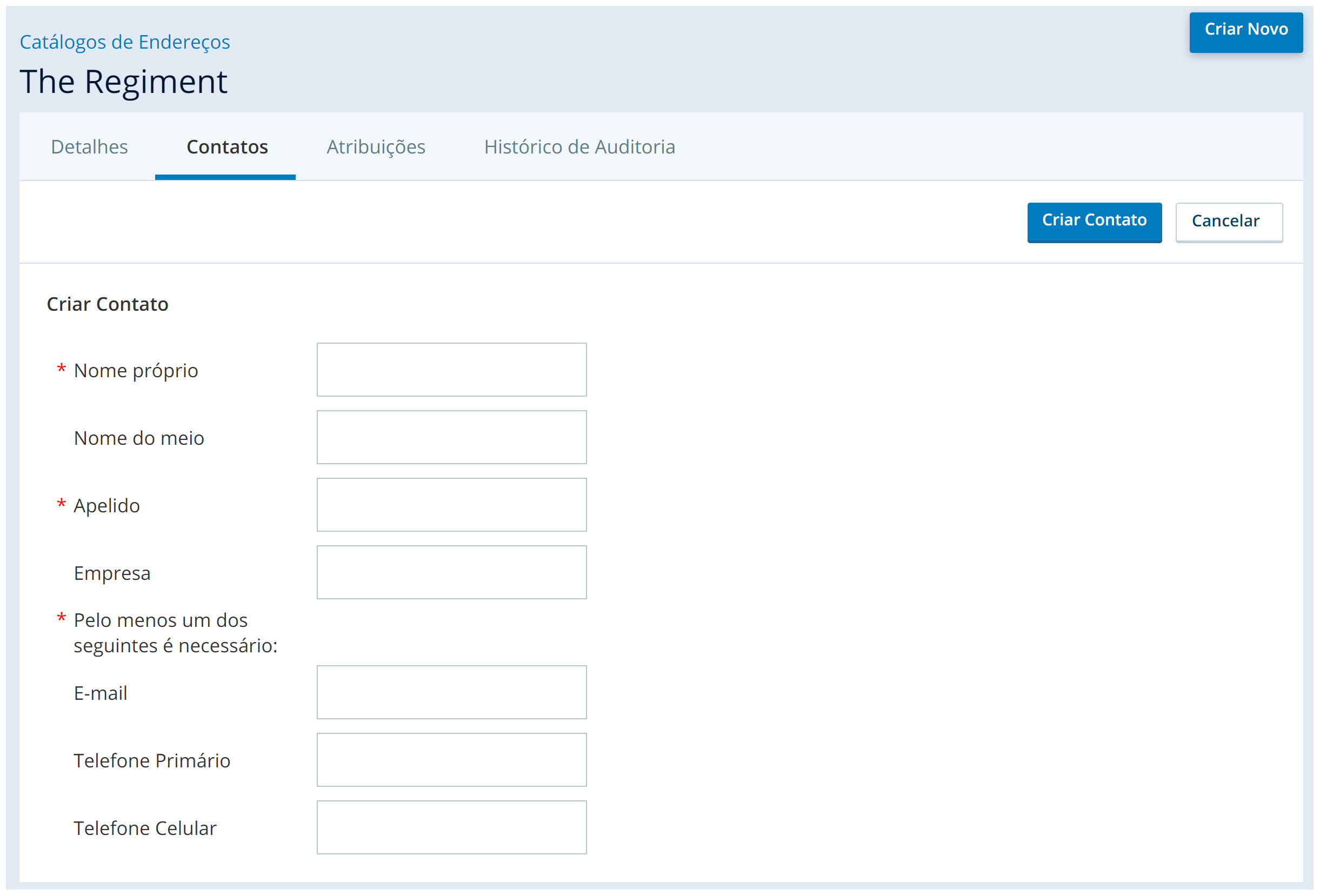 Captura de tela da guia de contatos em um catálogo de endereços, onde você pode adicionar manualmente um contato