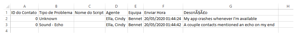 Captura de tela dos problemas do agente em um arquivo .CSV.