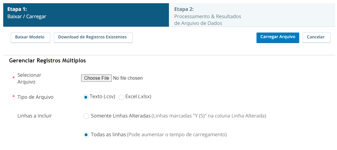 Captura de tela da página de gerenciamento/download de vários registros de supressão de chamadas