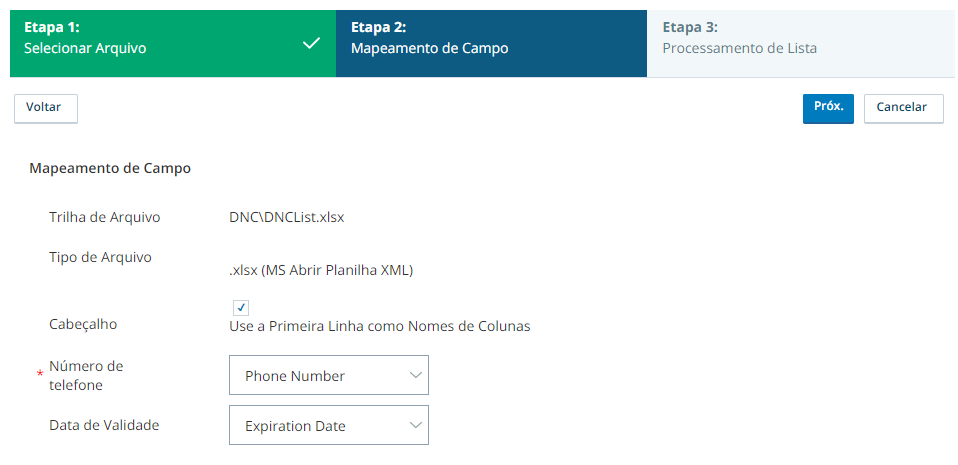 Captura de tela da guia Mapeamento de Campo do assistente de upload de lista DNC