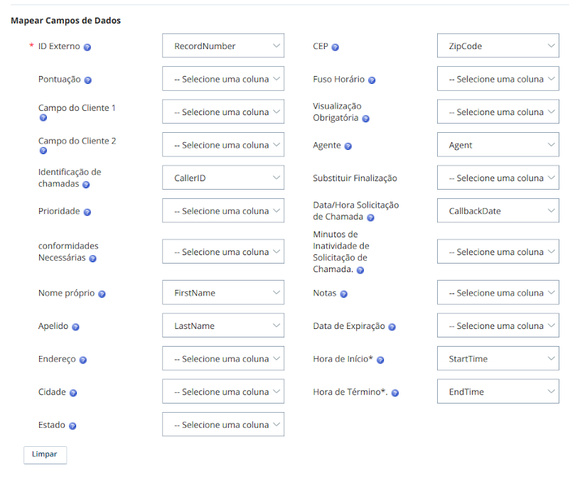 Captura de tela da página Mapeamento de Campo do assistente de upload da lista de chamadas CXone