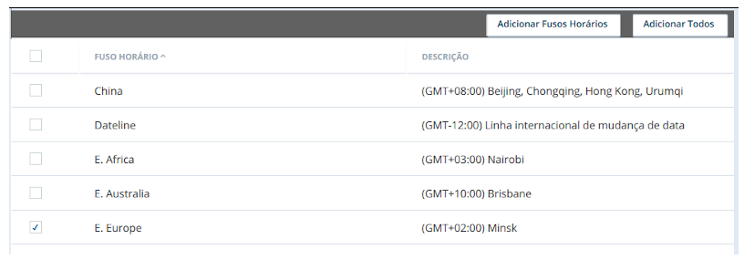 Captura de tela da página de fuso horário da unidade de negócios CXone com um fuso horário não utilizado sendo adicionado