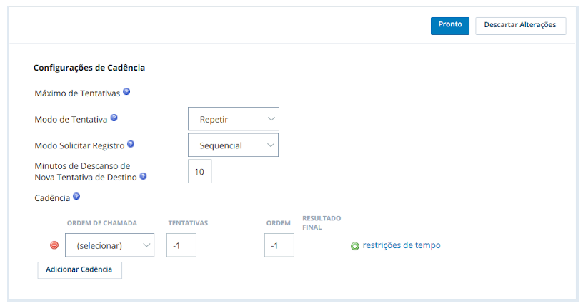 Captura de tela das configurações de cadência da Habilidade do PC CXone com vários números de telefone na ordem de chamada