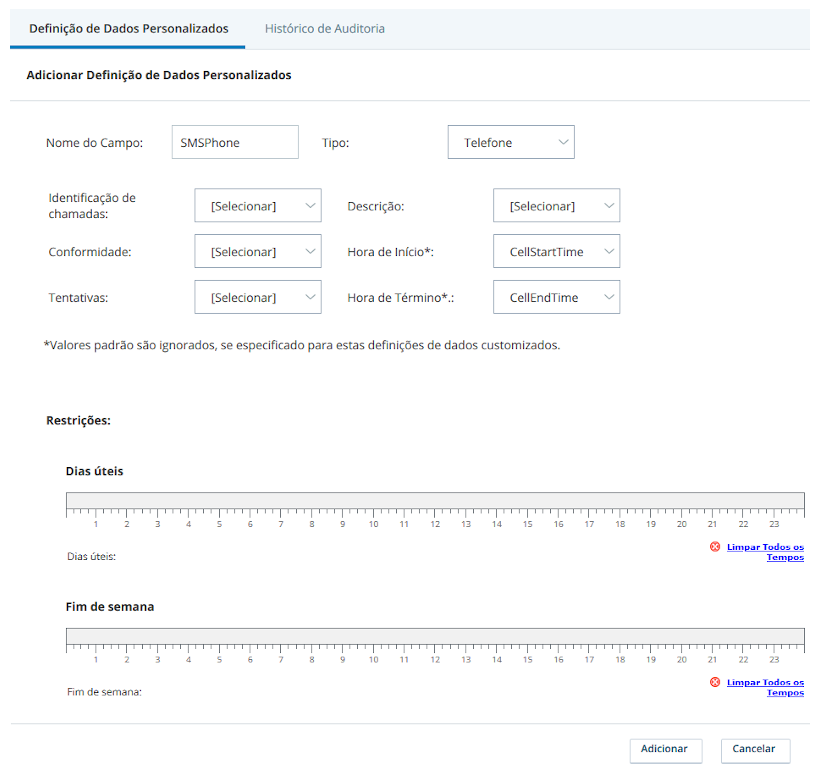 Captura de tela da página Adicionar definição de dados personalizados e os campos disponíveis para um campo Tipo de telefone