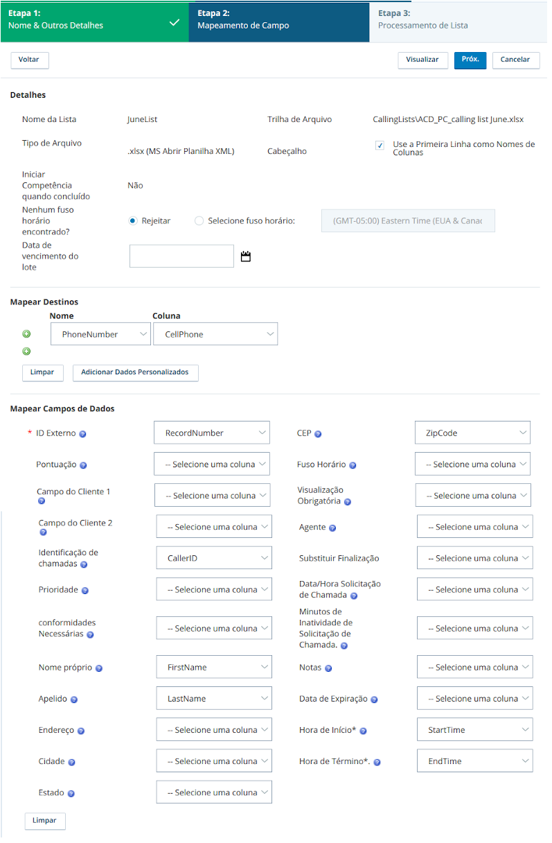 Captura de tela do mapeamento do campo de upload da lista de chamadas, onde os horários de início e término de uma lista de chamadas são mapeados para seus campos correspondentes